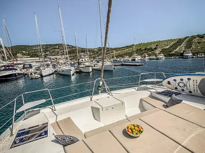 Deck of Nammu, a Bali Catspace catamaran at Primošten, Croatia