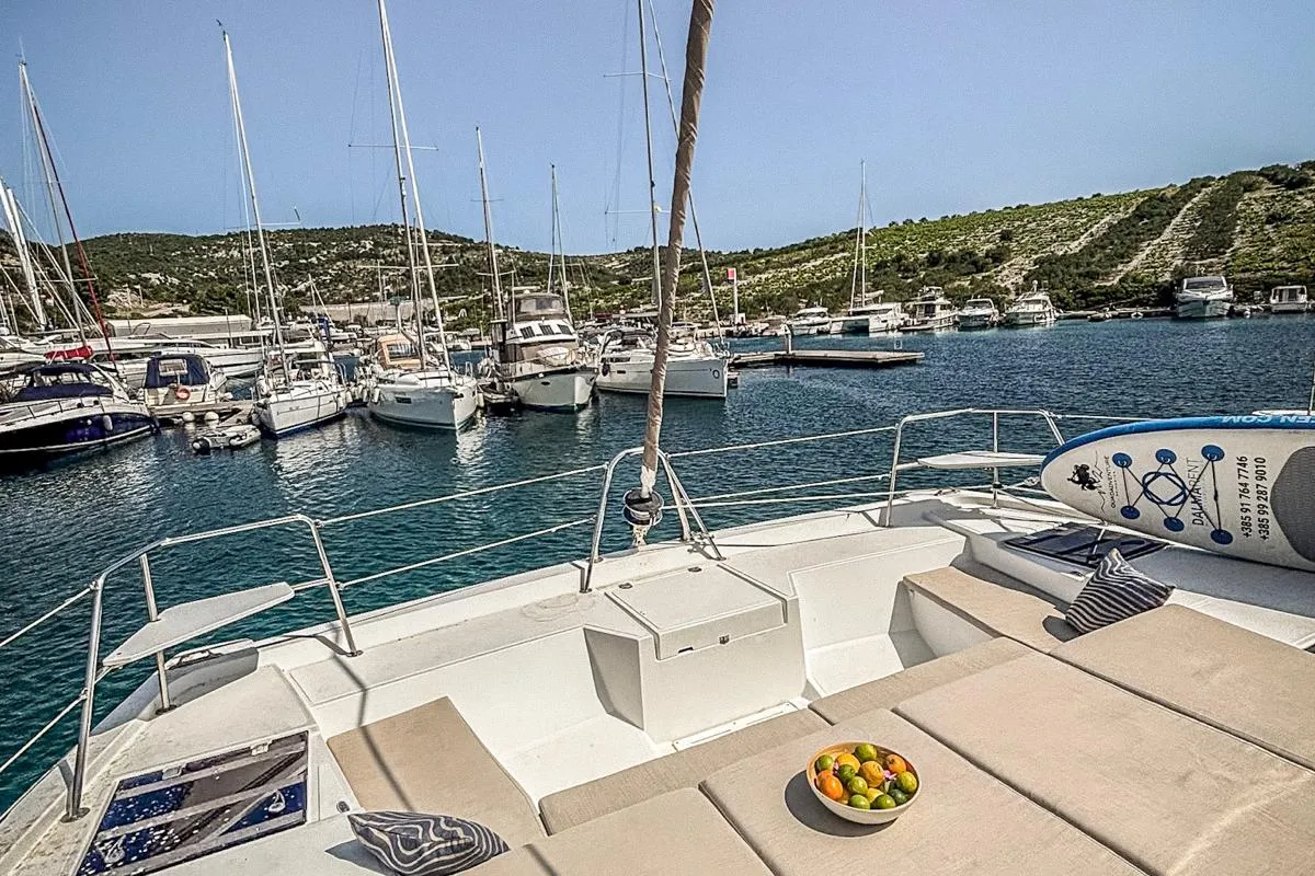 Deck of Nammu, a Bali Catspace catamaran at Primošten, Croatia