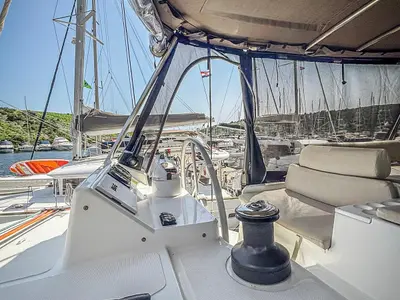 Cockpit of Nammu, a Bali Catspace catamaran at Primošten, Croatia