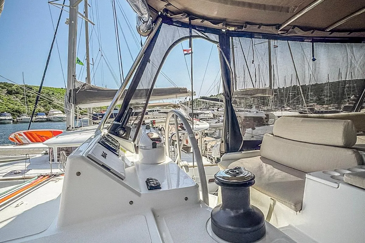 Cockpit of Nammu, a Bali Catspace catamaran at Primošten, Croatia