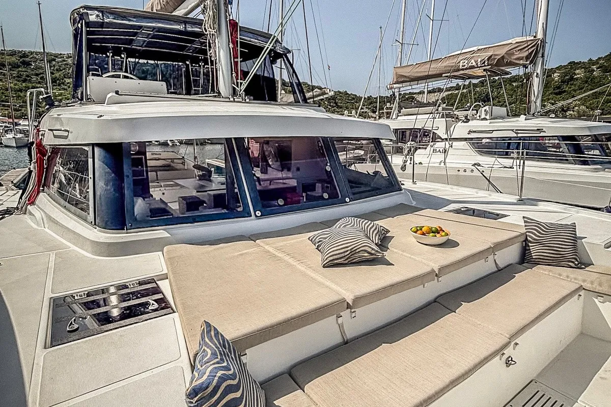 Deck of Nammu, a Bali Catspace catamaran at Primošten, Croatia