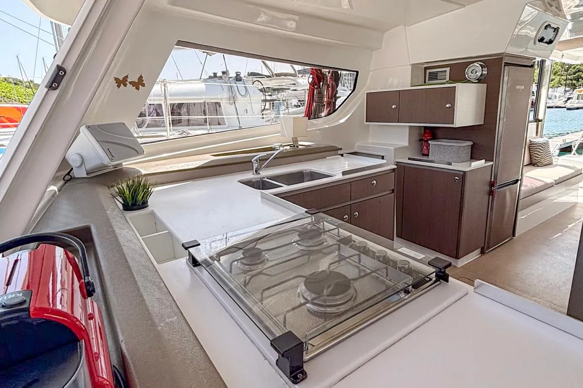 Galley of Nammu, a Bali Catspace catamaran at Primošten, Croatia