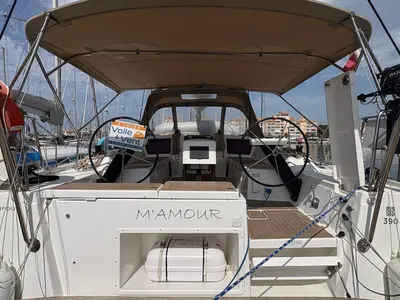 Cockpit of M'Amour, a Dufour 390 sailboat at Hyères, France
