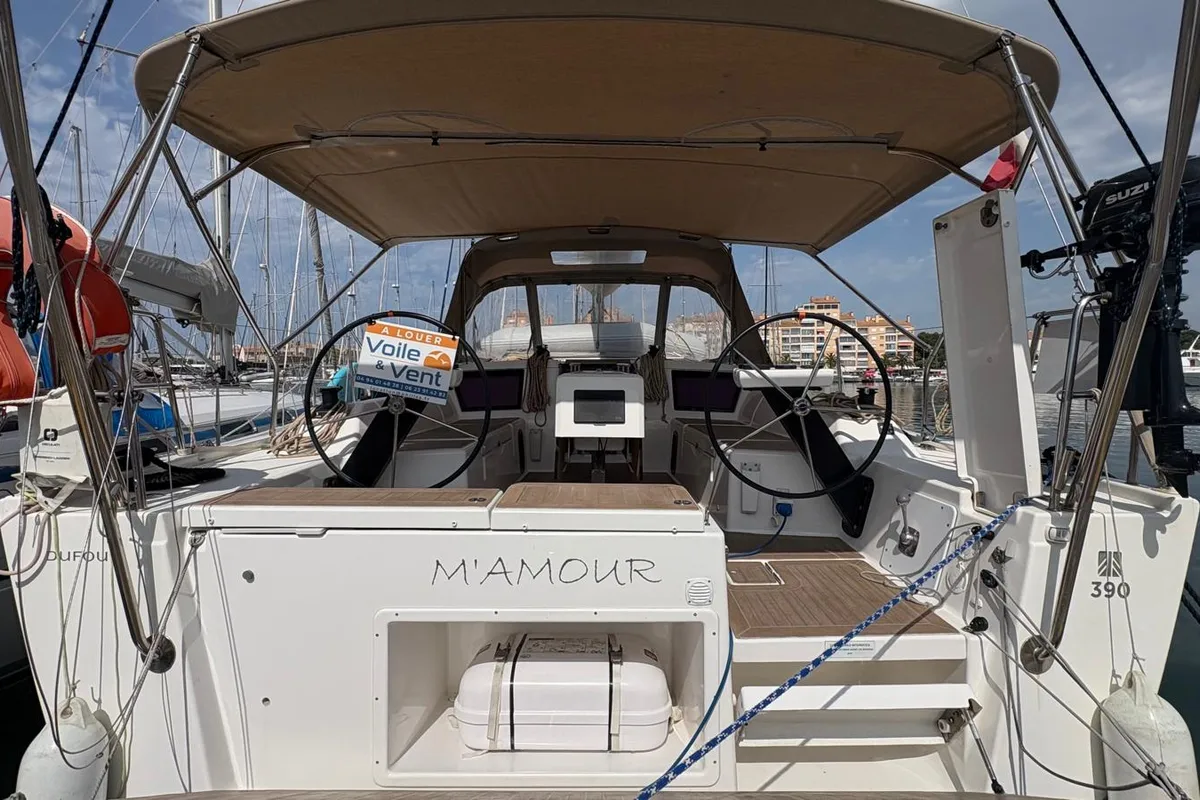 Cockpit of M'Amour, a Dufour 390 sailboat at Hyères, France