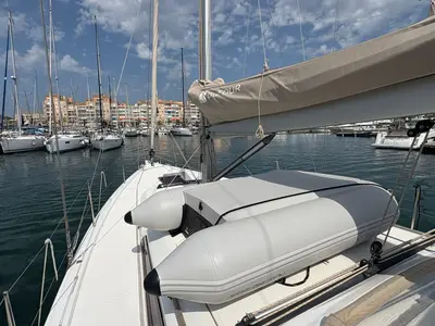 Deck of M'Amour, a Dufour 390 sailboat at Hyères, France
