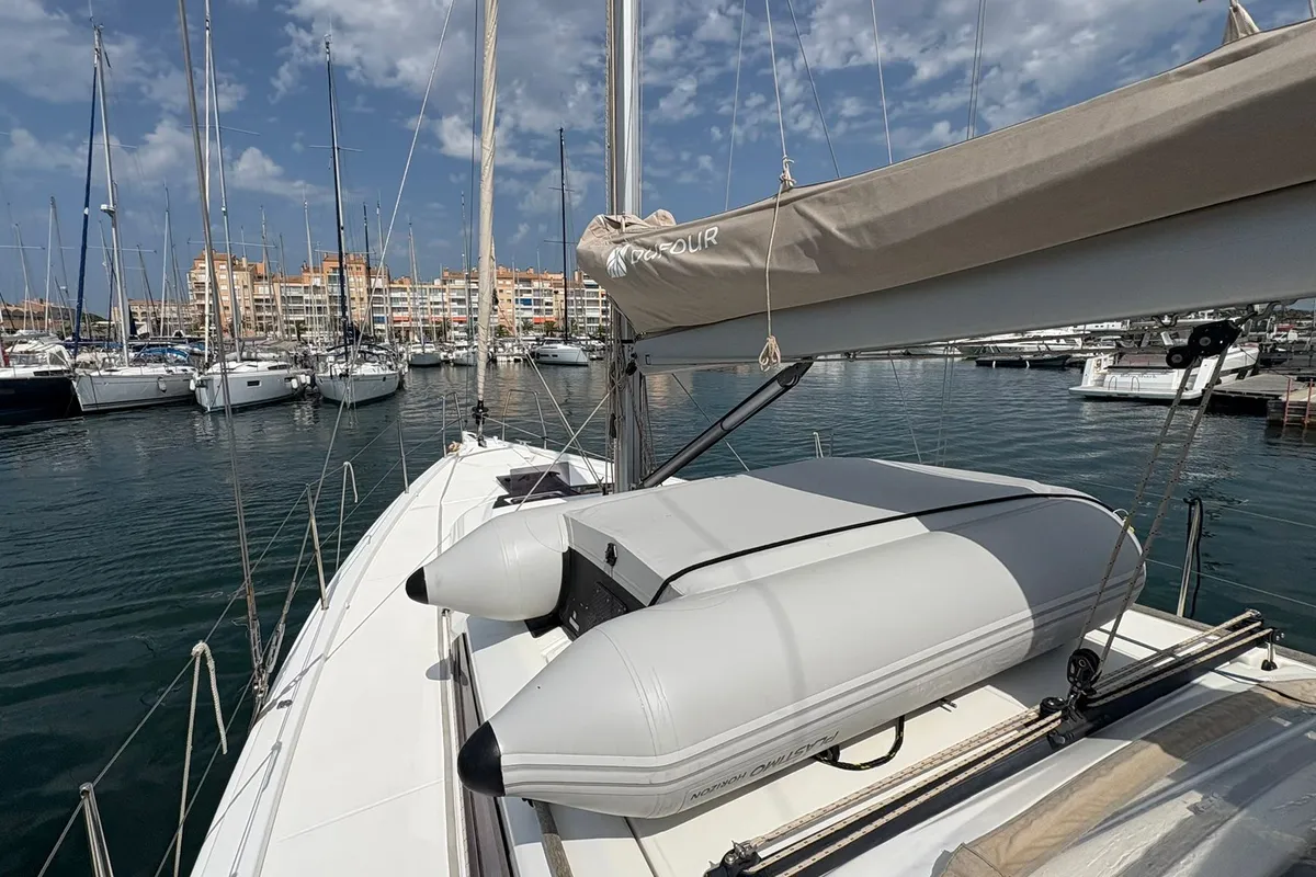 Deck of M'Amour, a Dufour 390 sailboat at Hyères, France