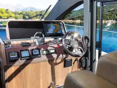 Cockpit of Lomar, a Sealine F430 motor yacht at Dubrovnik, Croatia