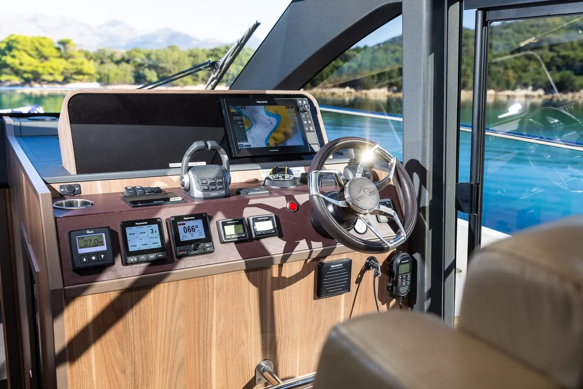 Cockpit of Lomar, a Sealine F430 motor yacht at Dubrovnik, Croatia