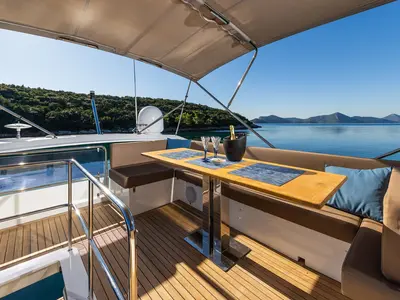 Deck of Lomar, a Sealine F430 motor yacht at Dubrovnik, Croatia