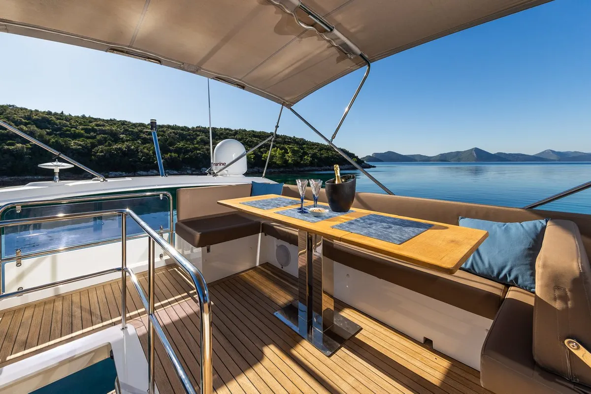 Deck of Lomar, a Sealine F430 motor yacht at Dubrovnik, Croatia