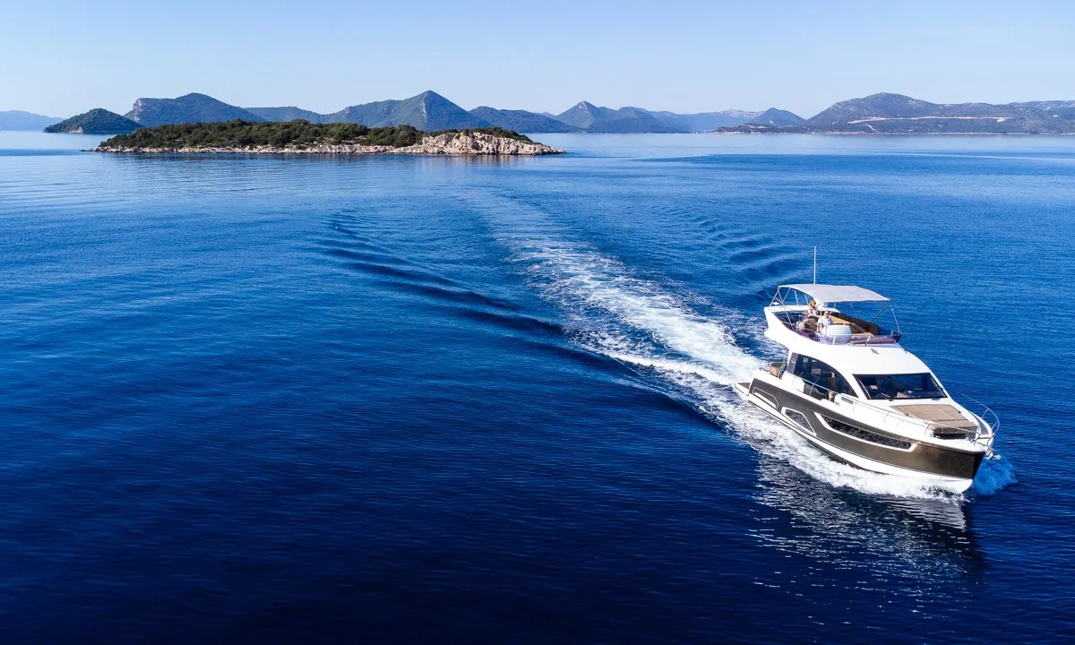 Exterior view of Lomar, a Sealine F430 motor yacht at Dubrovnik, Croatia