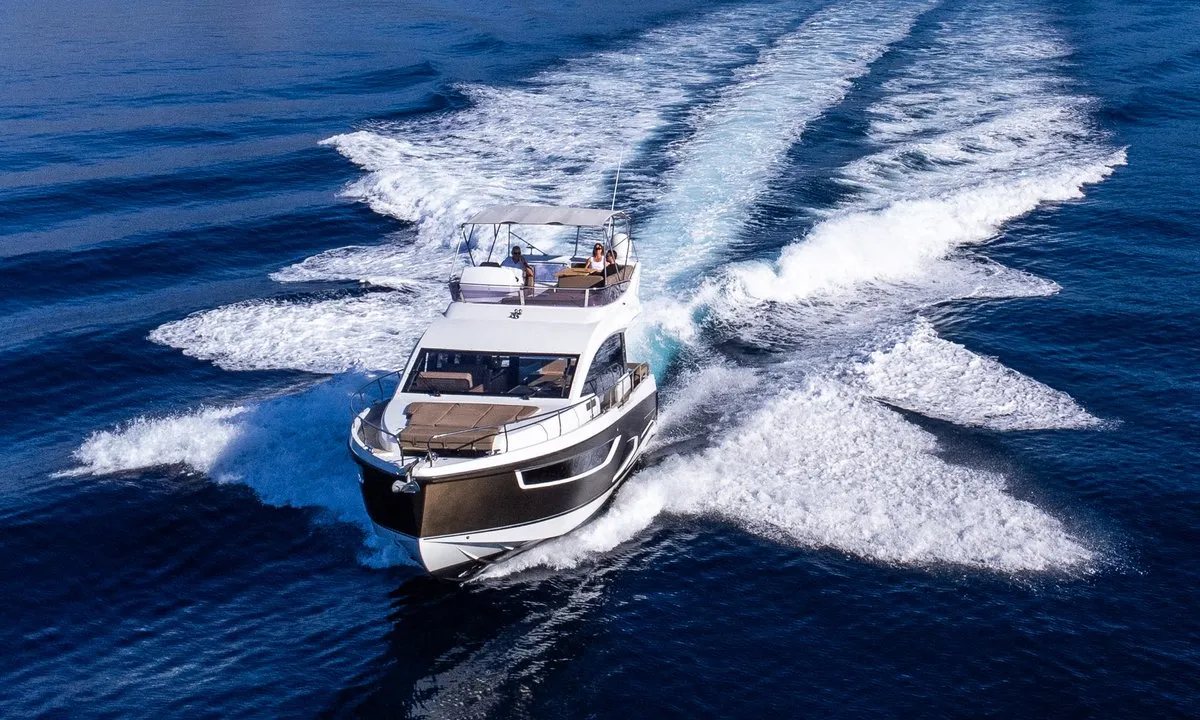 Exterior view of Lomar, a Sealine F430 motor yacht at Dubrovnik, Croatia