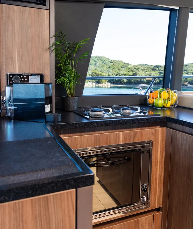 Galley of Lomar, a Sealine F430 motor yacht at Dubrovnik, Croatia