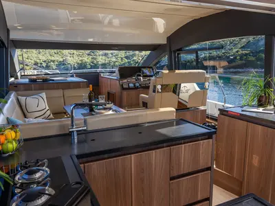 Galley of Lomar, a Sealine F430 motor yacht at Dubrovnik, Croatia