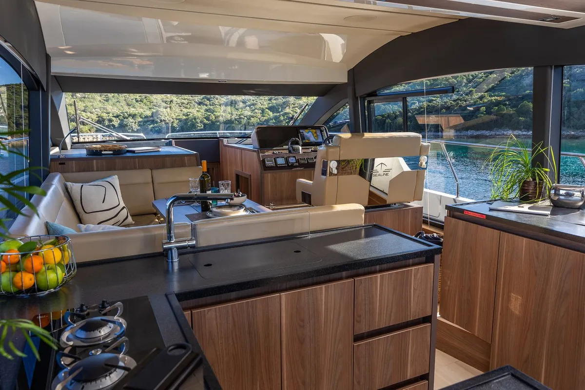 Galley of Lomar, a Sealine F430 motor yacht at Dubrovnik, Croatia