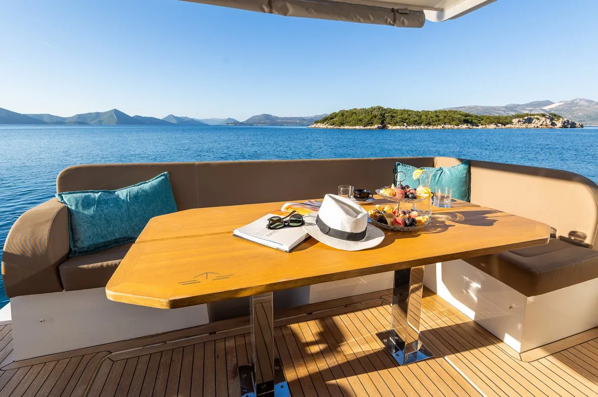 Deck of Lomar, a Sealine F430 motor yacht at Dubrovnik, Croatia