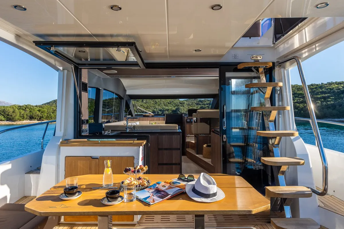 Deck of Lomar, a Sealine F430 motor yacht at Dubrovnik, Croatia