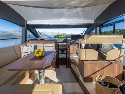 Salon of Lomar, a Sealine F430 motor yacht at Dubrovnik, Croatia