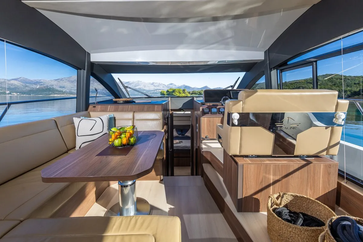 Salon of Lomar, a Sealine F430 motor yacht at Dubrovnik, Croatia