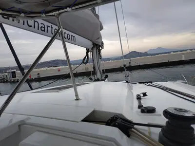 Deck of Margarita, a Fountaine Pajot Lucia 40 catamaran at Procida, Italy