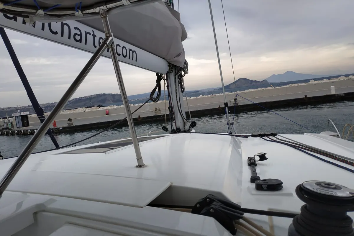 Deck of Margarita, a Fountaine Pajot Lucia 40 catamaran at Procida, Italy