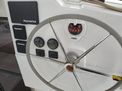 Cockpit of Margarita, a Fountaine Pajot Lucia 40 catamaran at Procida, Italy