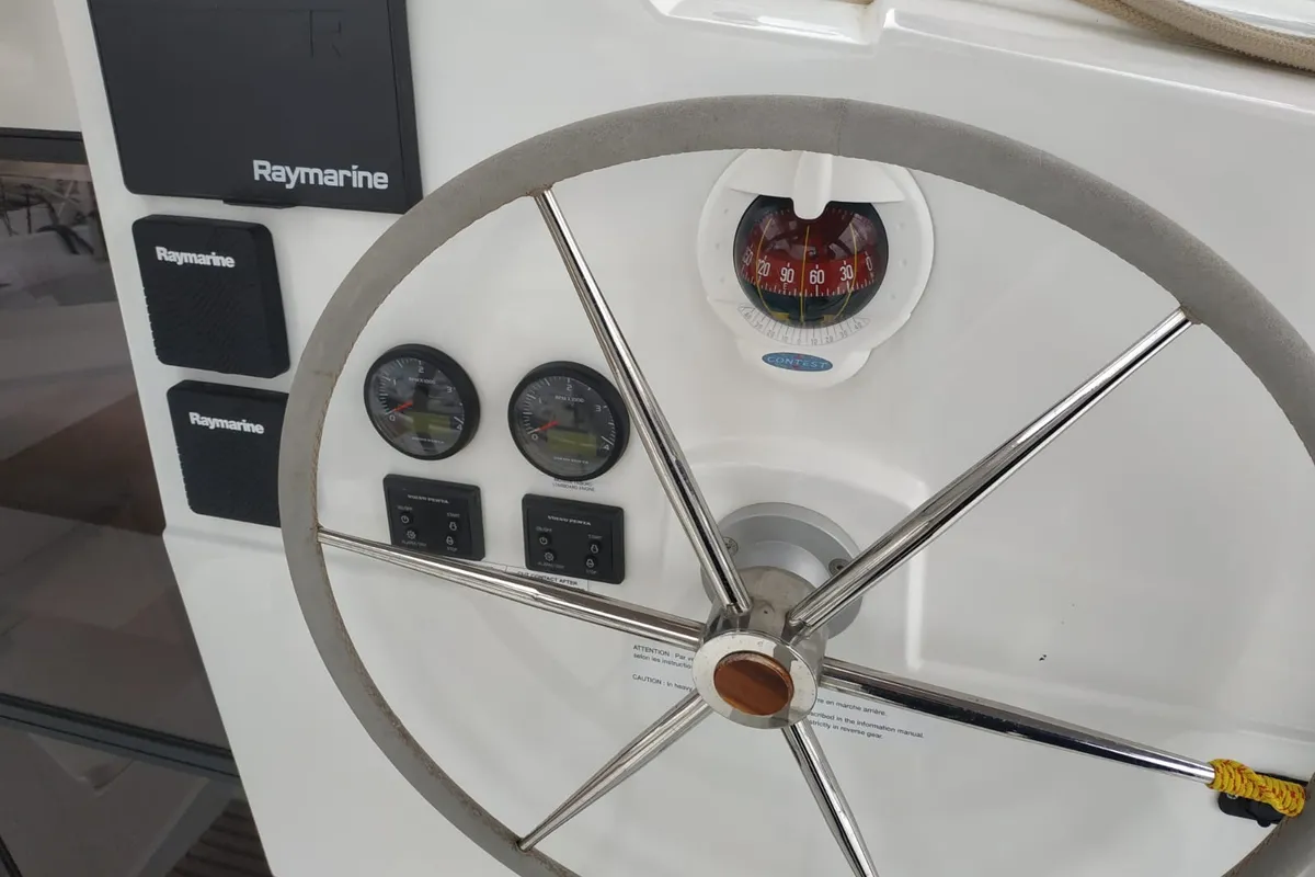 Cockpit of Margarita, a Fountaine Pajot Lucia 40 catamaran at Procida, Italy