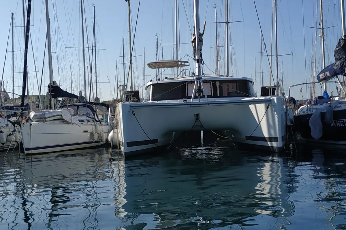 Exterior view of Margarita, a Fountaine Pajot Lucia 40 catamaran at Procida, Italy