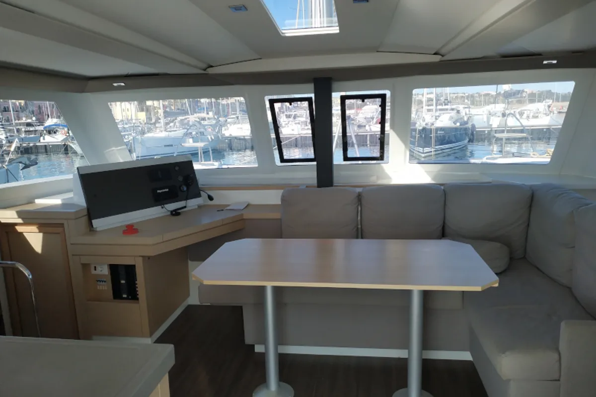 Salon of Margarita, a Fountaine Pajot Lucia 40 catamaran at Procida, Italy