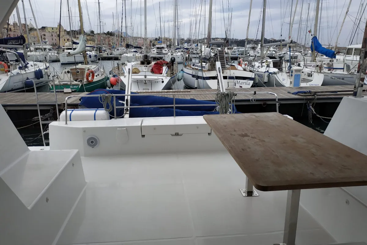 Deck of Margarita, a Fountaine Pajot Lucia 40 catamaran at Procida, Italy