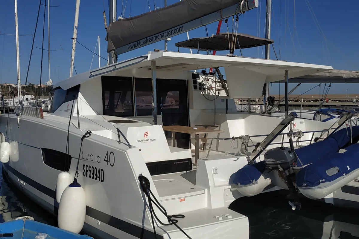 Exterior view of Margarita, a Fountaine Pajot Lucia 40 catamaran at Procida, Italy
