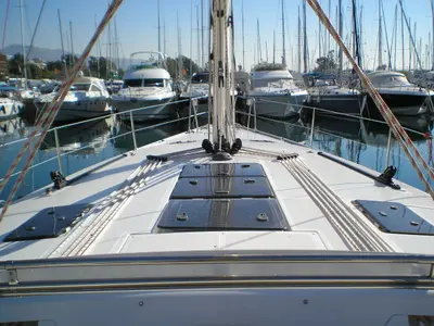 Deck of Patroklos, a Bavaria Cruiser 45 sailboat at Municipal Unit of Lefkada, Greece