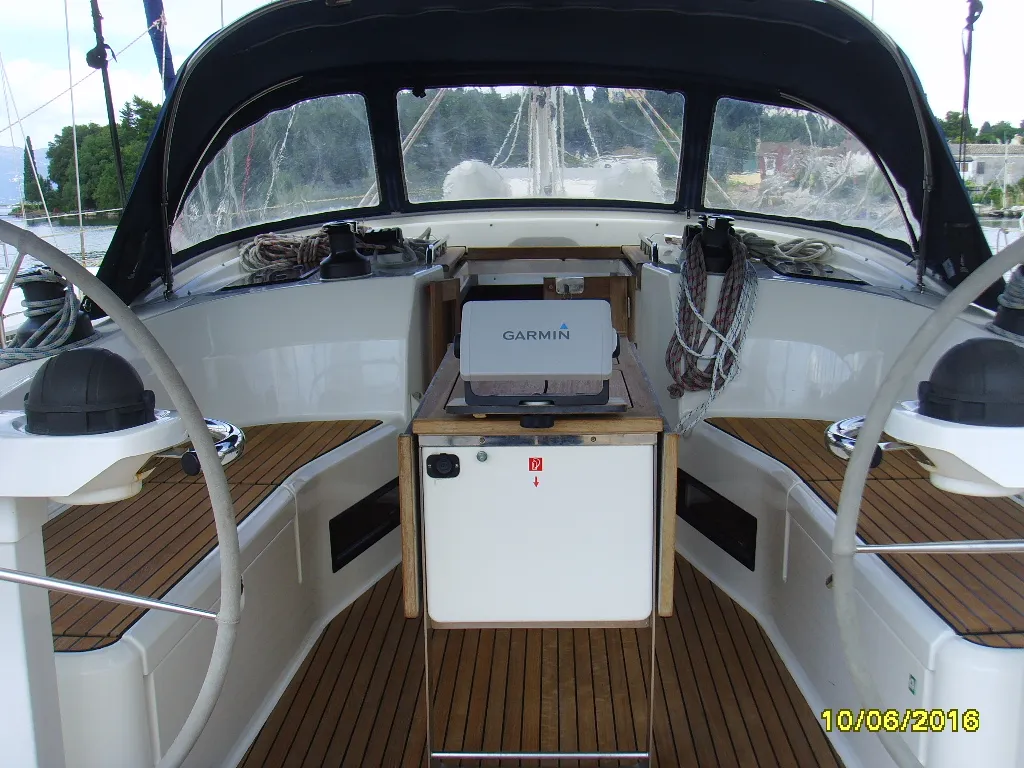 Cockpit of Patroklos, a Bavaria Cruiser 45 sailboat at Municipal Unit of Lefkada, Greece