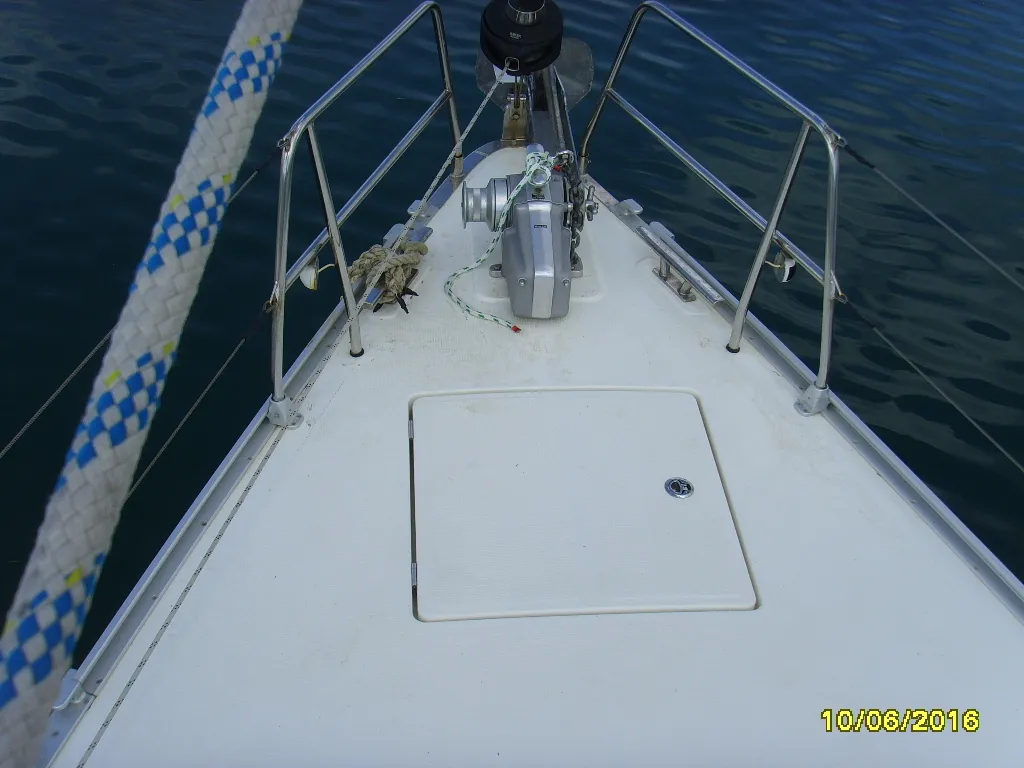 Deck of Patroklos, a Bavaria Cruiser 45 sailboat at Municipal Unit of Lefkada, Greece