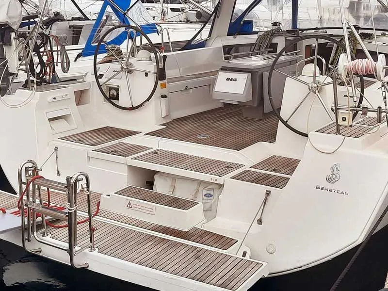 Cockpit of Vanitosa, a Beneteau Oceanis 48 sailboat at Punta Ala, Italy
