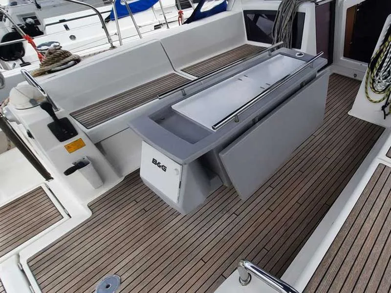 Deck of Vanitosa, a Beneteau Oceanis 48 sailboat at Punta Ala, Italy