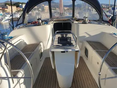 Cockpit of Irene, a Jeanneau Sun Odyssey 43 sailboat at Sithonia, Greece