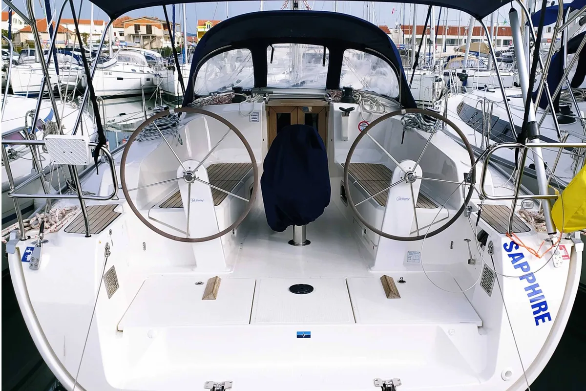 Exterior view of Sapphire, a Bavaria Cruiser 41 sailboat at Sukošan, Croatia