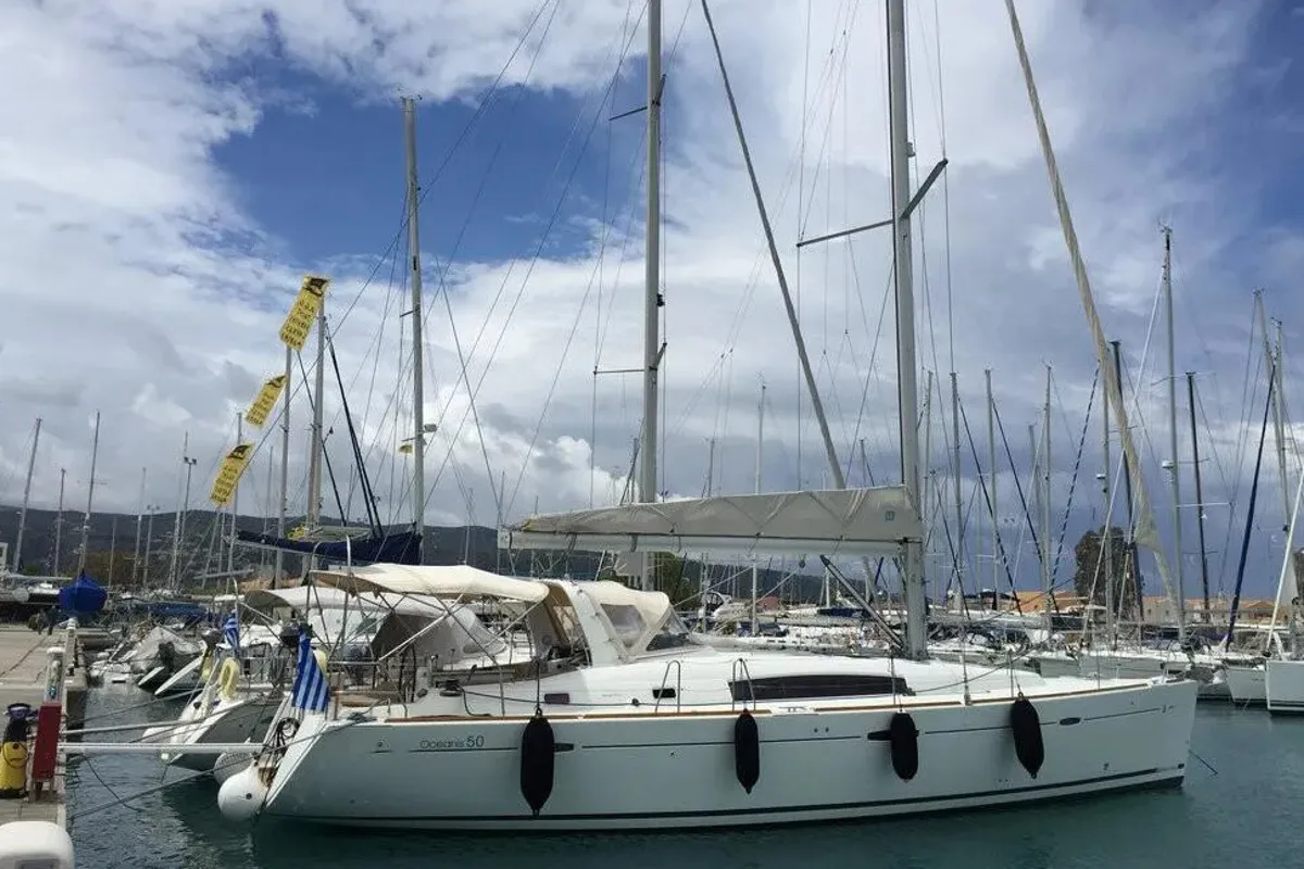 Exterior view of Evita, a Beneteau Oceanis 51.1 sailboat at Athens, Greece