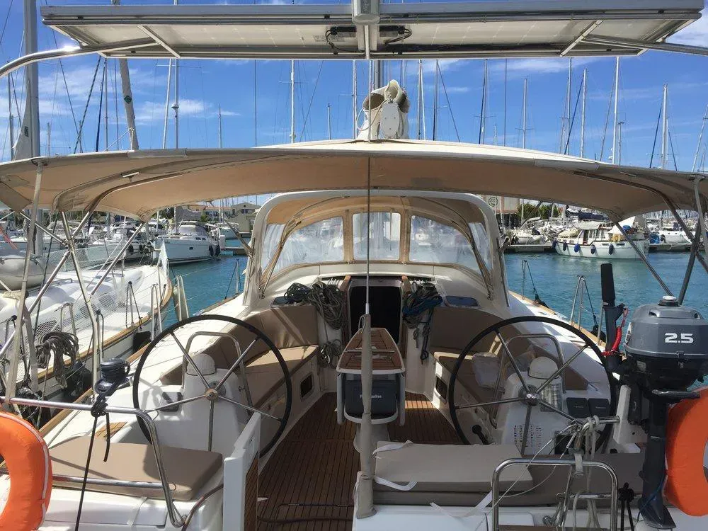 Cockpit of Evita, a Beneteau Oceanis 51.1 sailboat at Athens, Greece