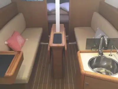 Salon of Carry On, a Jeanneau Sun Odyssey 33i sailboat at Kontokali, Greece