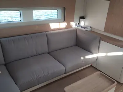 Salon of Extra mile, a Beneteau First 53 sailboat at Lavrion, Greece