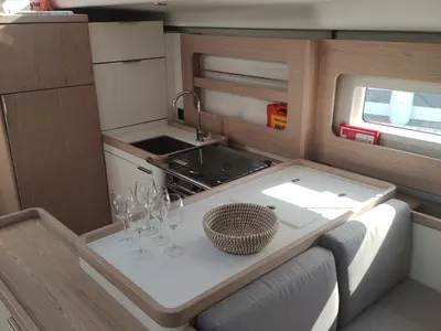 Galley of Extra mile, a Beneteau First 53 sailboat at Lavrion, Greece