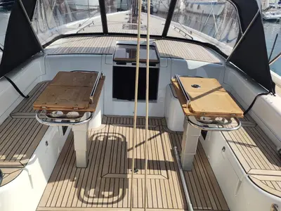 Deck of Extra mile, a Beneteau First 53 sailboat at Lavrion, Greece