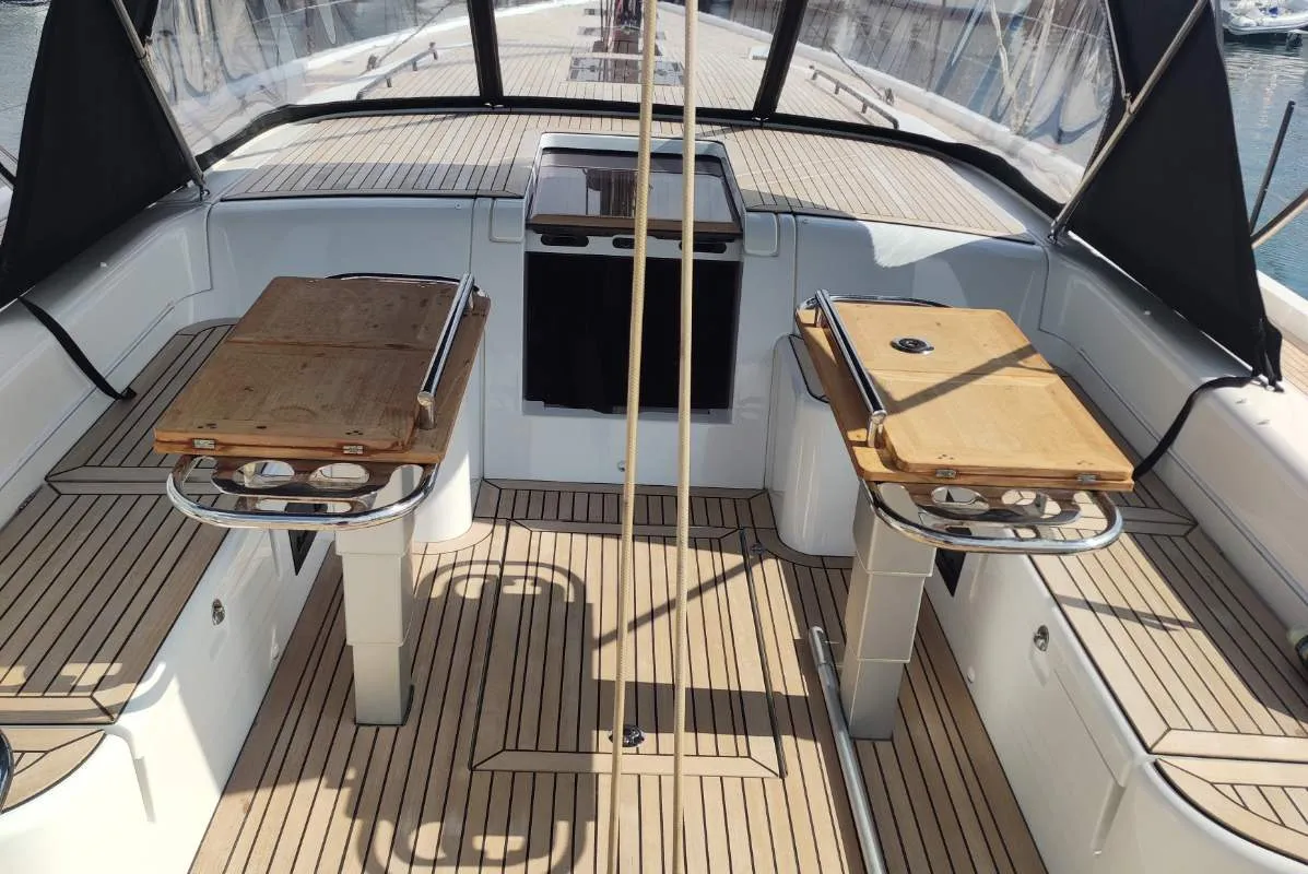 Deck of Extra mile, a Beneteau First 53 sailboat at Lavrion, Greece