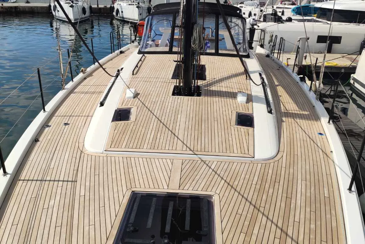 Deck of Extra mile, a Beneteau First 53 sailboat at Lavrion, Greece