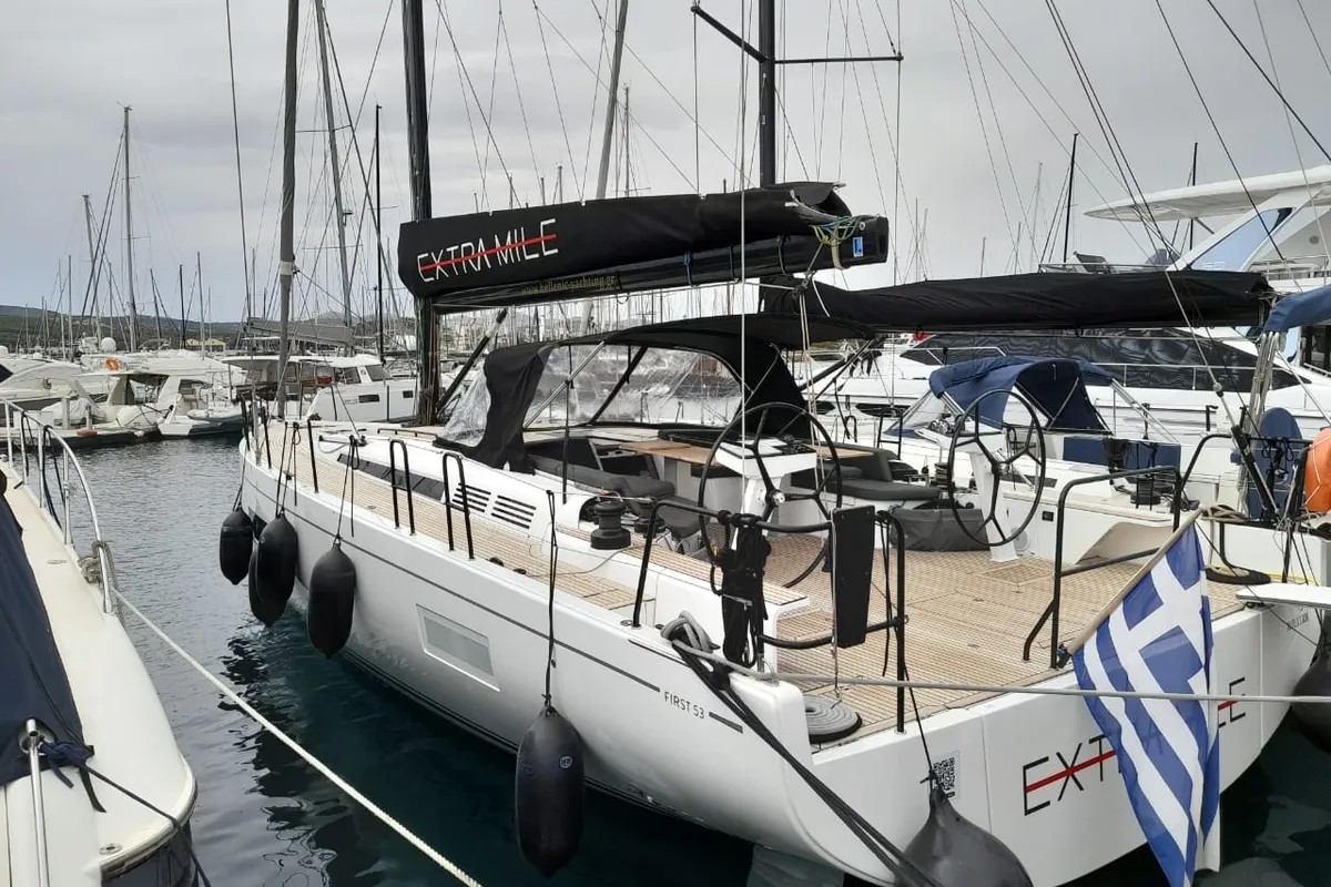 Exterior view of Extra mile, a Beneteau First 53 sailboat at Lavrion, Greece