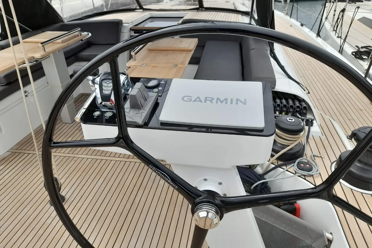 Cockpit of Extra mile, a Beneteau First 53 sailboat at Lavrion, Greece