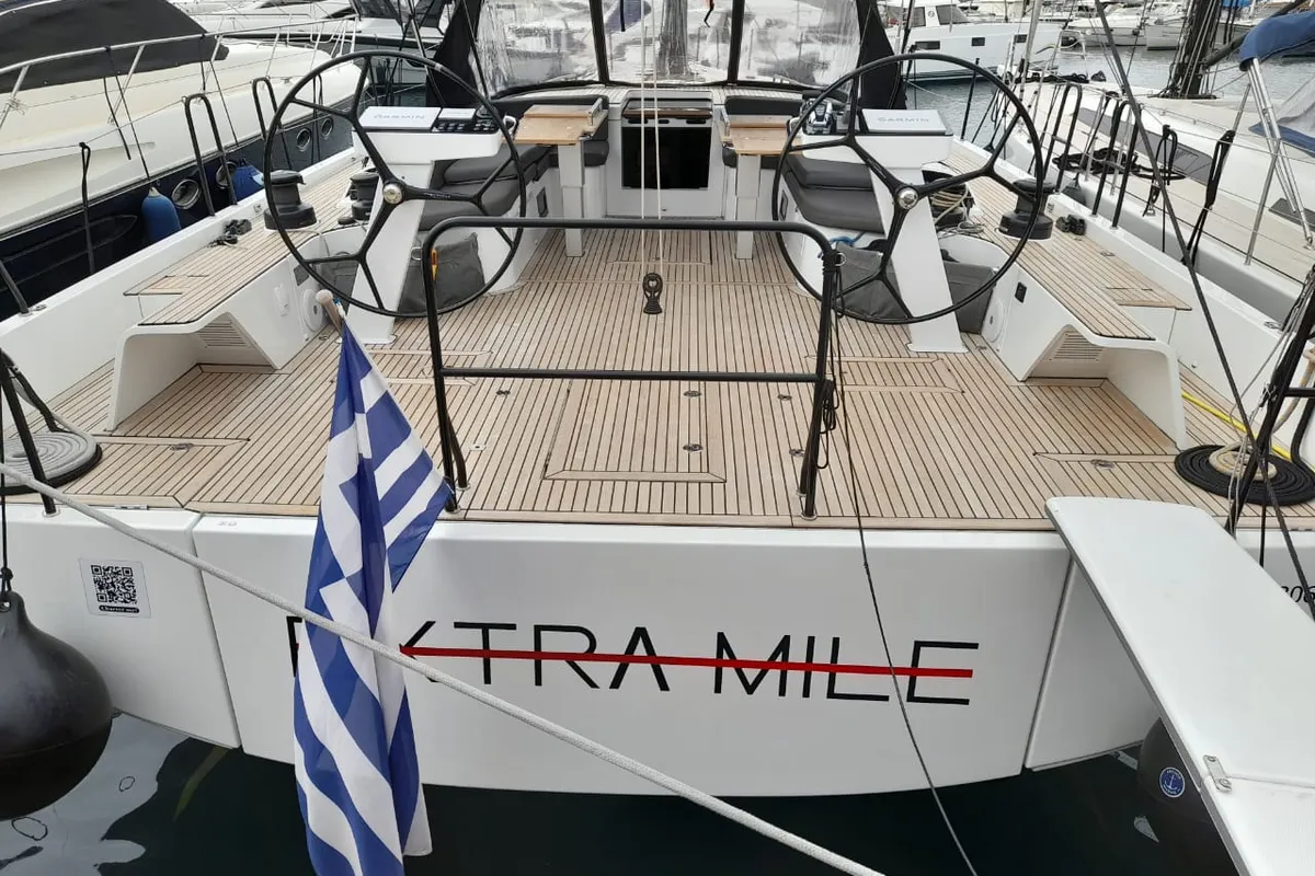 Exterior view of Extra mile, a Beneteau First 53 sailboat at Lavrion, Greece