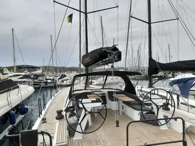 Cockpit of Extra mile, a Beneteau First 53 sailboat at Lavrion, Greece